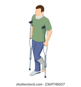 Isometric man with a leg injury in a cast on crutches and a neck injury. Social security and health insurance concept. Person with a gypsum and a fixing collar.