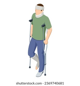 Isometric man with a leg injury in a cast on crutches, with a head and neck injury. Social security and health insurance concept. Person with a gypsum and a fixing collar.