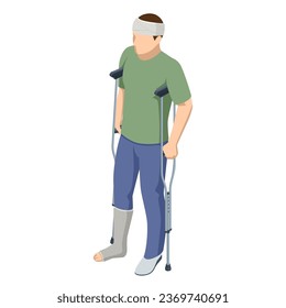 Isometric man with a leg injury in a cast on crutches, with a head injury. Social security and health insurance concept.