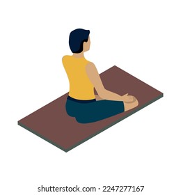 Hombre isométrico en la posición del loto. Vista posterior de una persona. estilo de vida deportivo, yoga, meditación. ilustración vectorial aislada en fondo blanco.