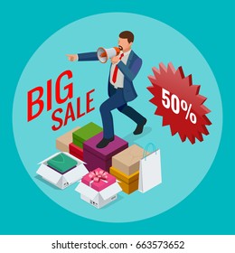 Isometric Man with loudspeaker. E-commerce, shopping, discount, Big sale, buy now concept. Vector illustration in flat, cartoon style 