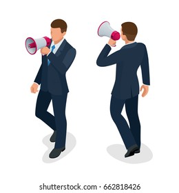 Isometric Man with loudspeaker flat vector illustration. Speaker or loudspeaker