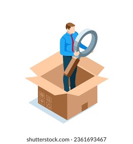 isometric man with a magnifying glass in an open cardboard box, in color on a white background, unpacking a parcel or searching