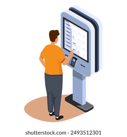 isometric man making an order at an electronic self-service kiosk, vector illustration