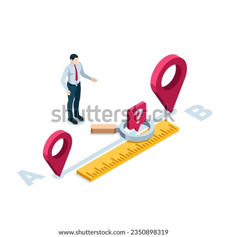 isometric man measuring distance between two location icons in color on white background, measuring distance or navigation