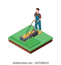 Isometric. A man mows the grass. Electric lawn mower