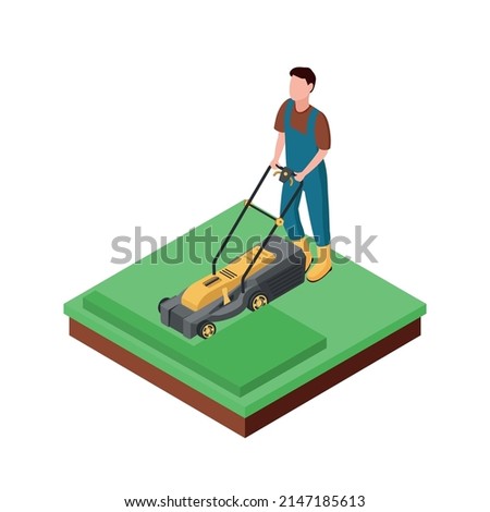 Isometric. A man mows the grass. Electric lawn mower