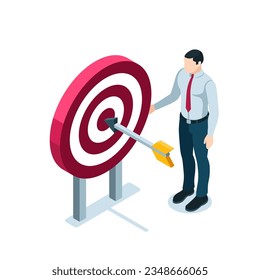 isometric man near the target with an arrow in color on a white background, hitting the target or reaching the goal in business