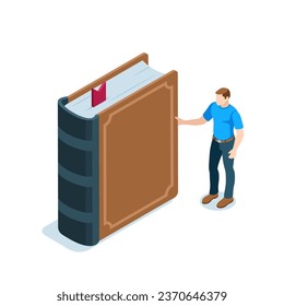 isometric man next to a book, in color on a white background, online library or bookstore