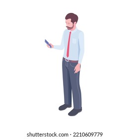 Isometric man in office wear using smartphone 3d vector illustration