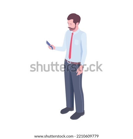 Isometric man in office wear using smartphone 3d vector illustration