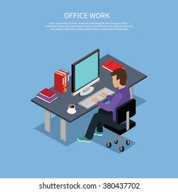 Isometric man office work interior design. 3D men in office room, business man, working men, office man, office boy,  business interior, work man, professional working businessman