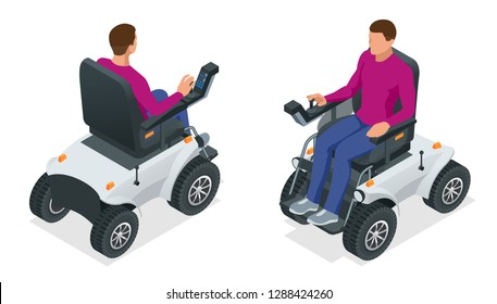 Isometric man on an electric wheelchair. New large motorized electric wheelchair. Mobile scooter.