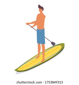 Isometric man on sup surfboard. Stand up paddle board and young male character isolated on white