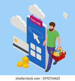 Isometric man order online in internet supermarket. Grocery online shopping application on smartphone screen with food at home. Shopping bag with fresh grocery purchases. Food retail and online store.