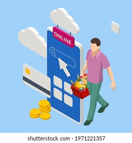 Isometric man order online in internet supermarket. Grocery online shopping application on smartphone screen with food at home. Shopping bag with fresh grocery purchases. Food retail and online store.
