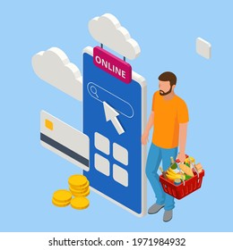 Isometric man order online in internet supermarket. Grocery online shopping application on smartphone screen with food at home. Shopping bag with fresh grocery purchases. Food retail and online store.