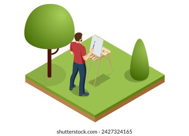 Isometric man painting mountain landscape using easel. Painting, drawing and artwork concept. Art, creativity, hobby, job and creative occupation