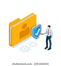 isometric man with a phone near a personal folder and a shield with a tick in color on a white background, safe work with personal data