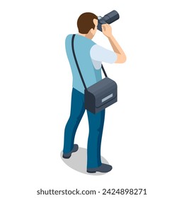 Isometric man Photographer with dslr Camera. Digital photo camera. Home hobby, lifestyle, travel, people concept. Professional Photographer