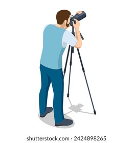 Isometric man Photographer with dslr Cameraon a tripod. Digital photo camera. Home hobby, lifestyle, travel, people concept. Professional Photographer
