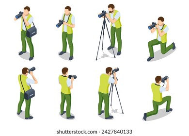 Isometric man Photographer with dslr Cameraon a tripod. Digital photo camera. Home hobby, lifestyle, travel, people concept. Professional Photographer.