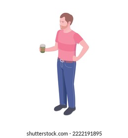 Isometric man with plastic cup of coffee 3d vector illustration