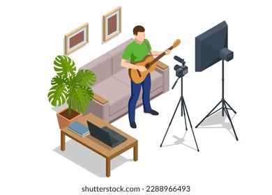 Isometric Man playing an guitar and records tutorial video how to play electric guitar, the camera on a tripod indoors, combo amp near. Vlogger, hobby, Vocal artist