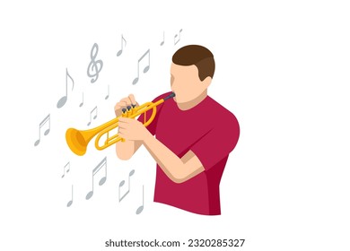 Hombre isométrico tocando su Trumpet. Trompeolas de instrumentos musicales