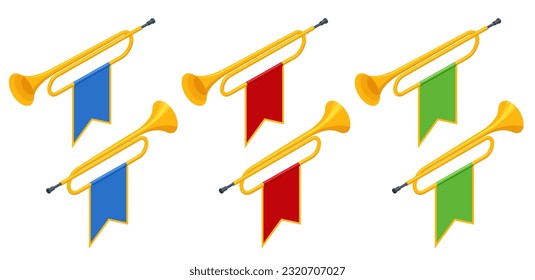 Isometric man playing his Trumpet. Musical instrument trumpet