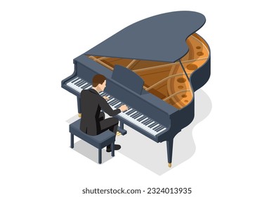 Isometric man playing the piano. Musical instrument grand piano isolated on white background. Classical musical instrument Grand piano