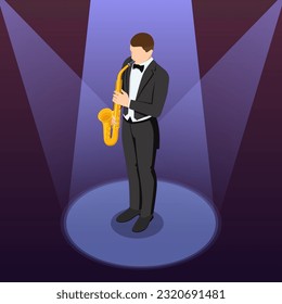 Isometric man playing saxophone. Saxophone jazz instrument. Jazz or blues musician