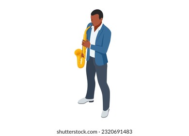 Isometric man playing saxophone. Saxophone jazz instrument. Jazz or blues musician