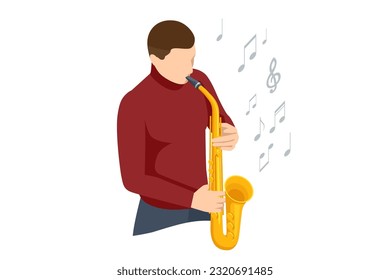 Isometric man playing saxophone. Saxophone jazz instrument. Jazz or blues musician