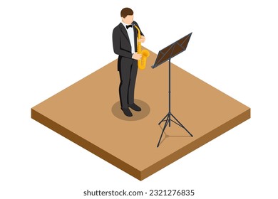 Isometric man playing saxophone. Saxophone jazz instrument. Jazz or blues musician