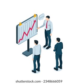 isometric man presenting a poster with a graph in color on a white background, business presentation or discussion