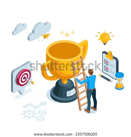 isometric man puts a ladder to a golden trophy in color on a white background, the path to success or achieving a goal, the desire to win