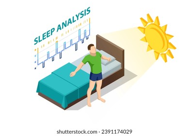 Isometric man relies on gadgets during sleep. An app on a fitness tracker. The tracker monitors both heart rate and sleep quality for diagnostics.