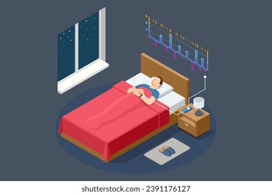 Isometric man relies on gadgets during sleep. An app on a fitness tracker. The tracker monitors both heart rate and sleep quality for diagnostics