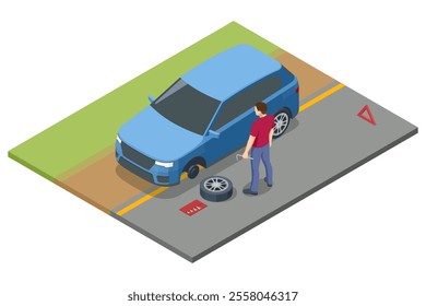 Isometric man replacing a tire on a car during a road trip due to a transportation-related breakdown. Wheels and tyre fitting service. Transportation, tire repair, computerized balancing collection.