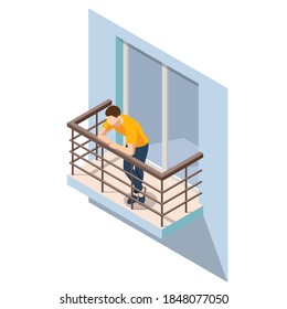 Isometric Man Resting on an Open Balcony in Summer. Open Outdoor Balcony With Metal Silver Railings isolated on background.