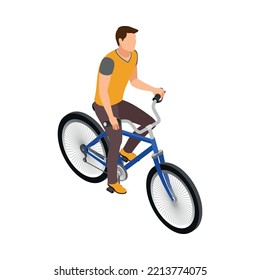 Isometric man riding bike on white background 3d vector illustration