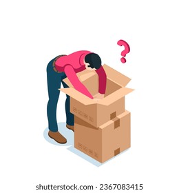 isometric man rummaging through a box, in color on a white background, empty package or wrong order