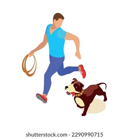 Isometric man running with his dog 3d vector illustration