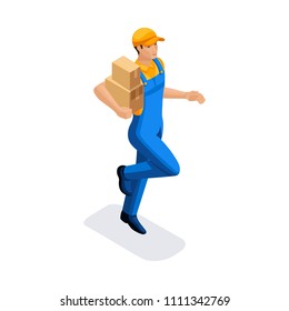 Isometric man runs with cardboard boxes, delivery service. Fast delivery van. Delivery man. 3D character of emotion. Vector illustration