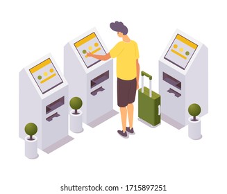 Isometric man self check-in for the flight at airport
