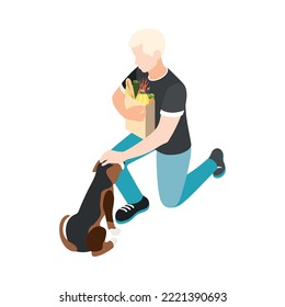 Isometric Man With Shopping Bag Stroking Little Dog 3d Vector Illustrtaion