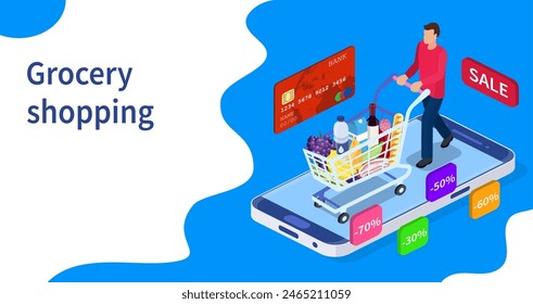 Isometric man with shopping cart. Shopping and Supermarket concept, Can use for web banner, infographics. Vector illustration in flat style