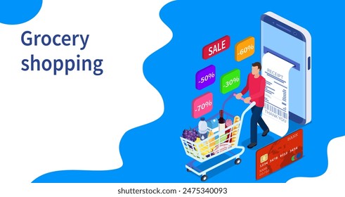 Isometric man with shopping cart. Shopping and Supermarket concept, Can use for web banner, infographics. Vector illustration in flat style