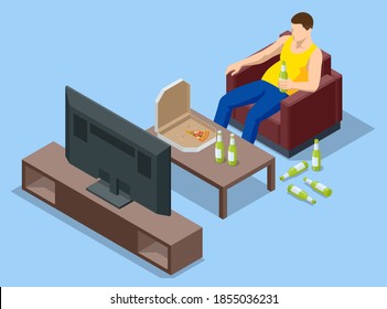 Isometric man sits on the couch, eats pizza, drinks a lot of beer and watches TV. Rest at home.